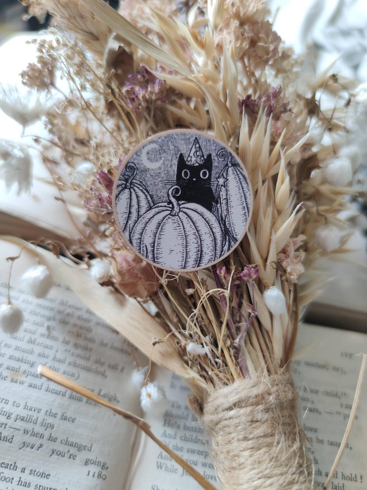 Pumpkin Wizard- Black Cat Wooden Pin Badge
