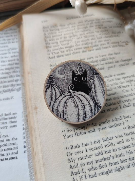 Pumpkin Wizard- Black Cat Wooden Pin Badge