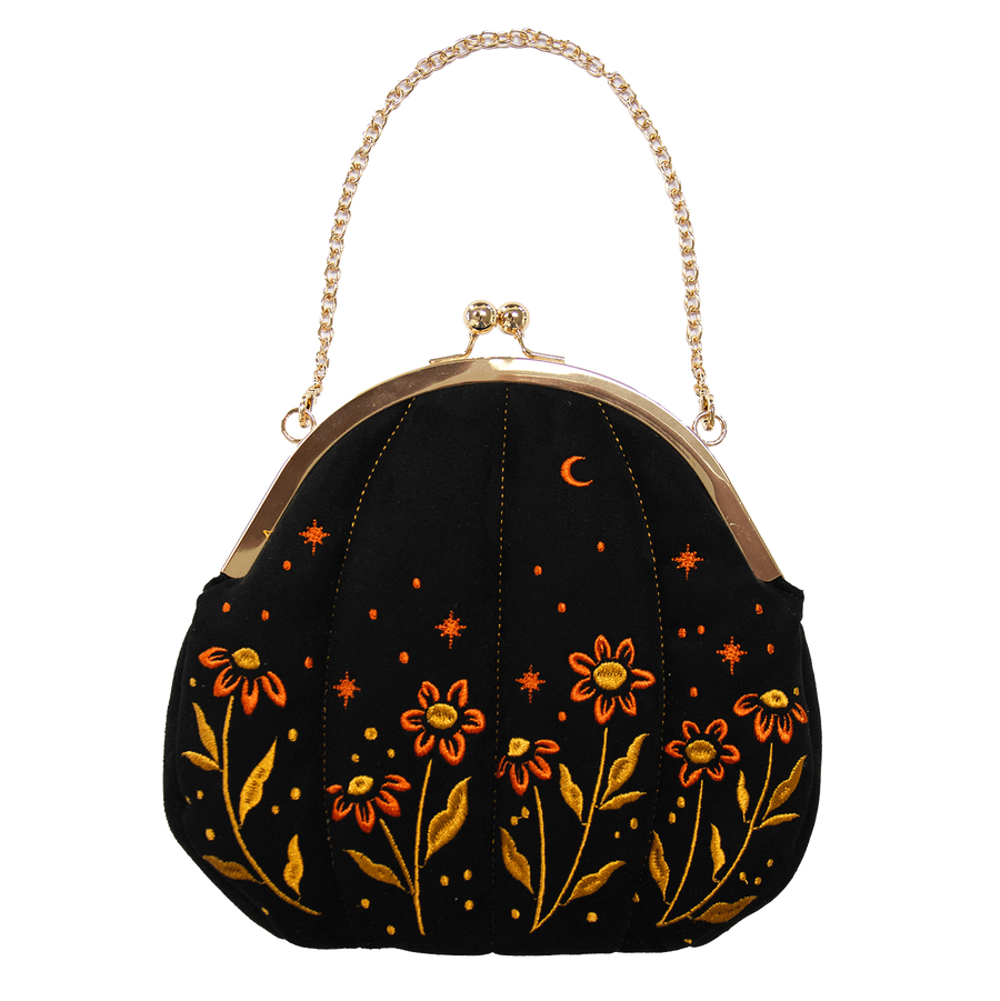 Velvet Embroidered Pumpkin Purse in Black