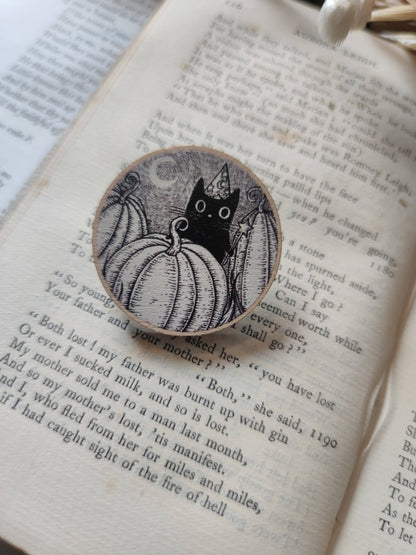 Pumpkin Wizard- Black Cat Wooden Pin Badge