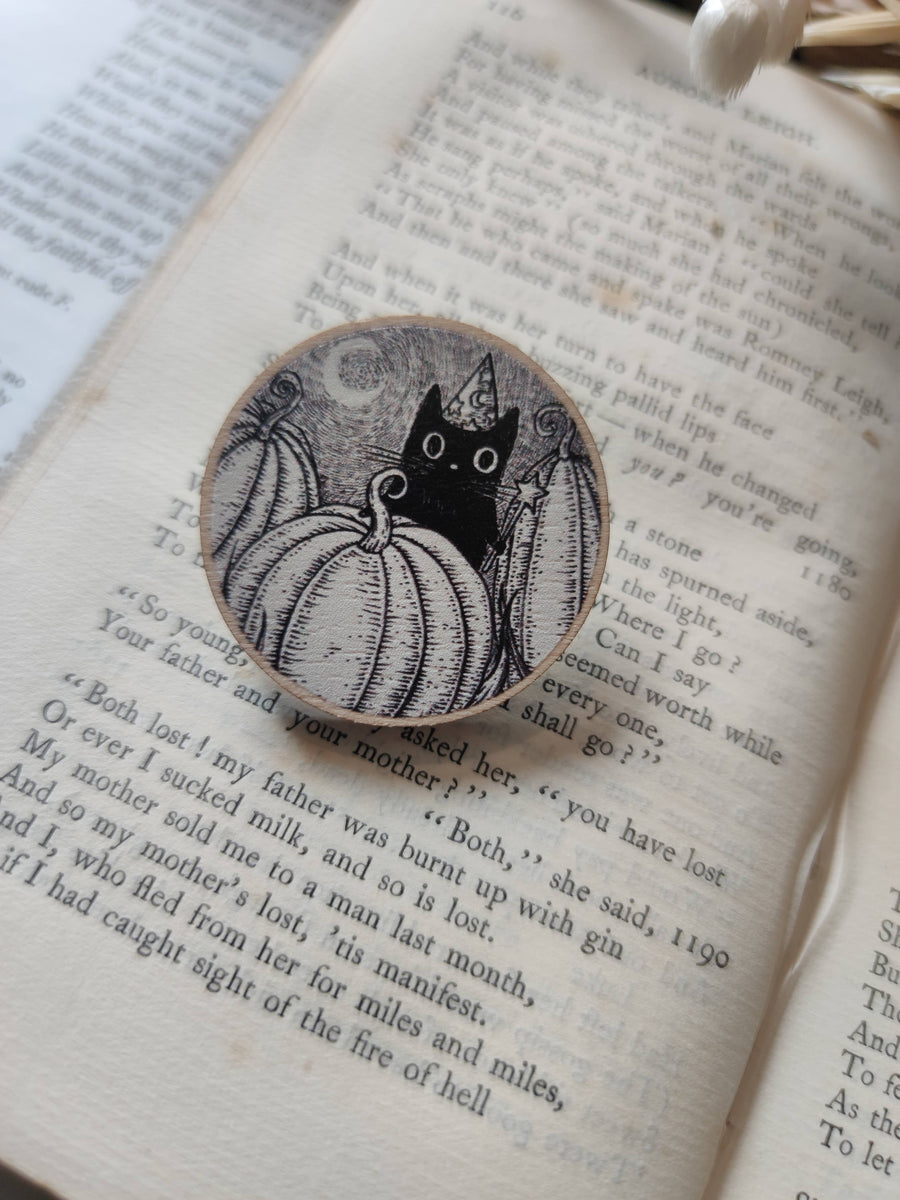 Pumpkin Wizard- Black Cat Wooden Pin Badge